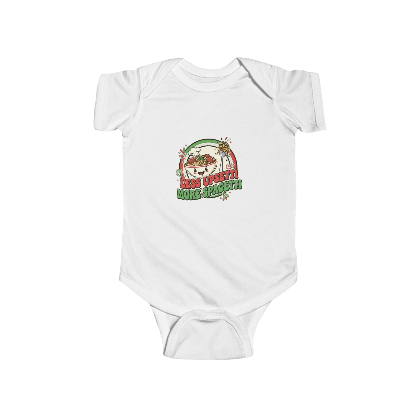 Cute "Less Upsetti, More Spaghetti" Baby Bodysuit