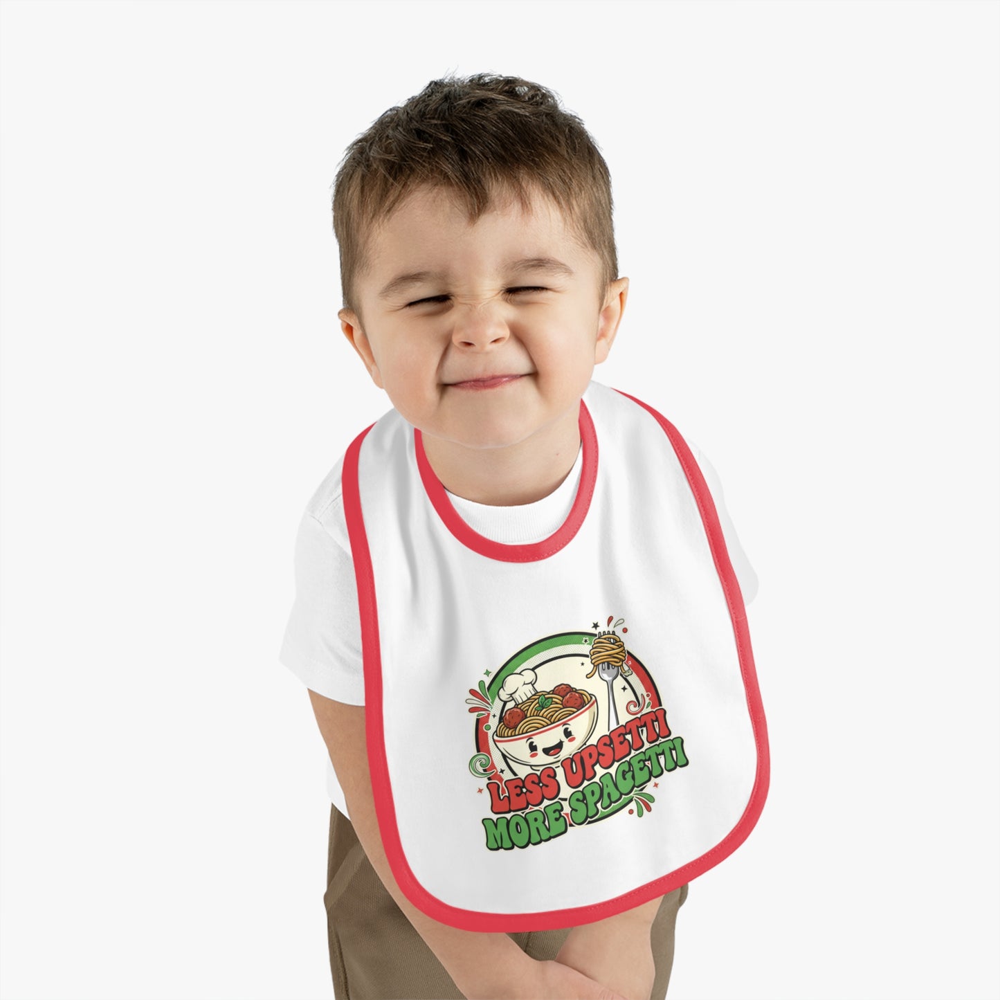 Cute Baby Bib - "Less Upsetti, More Spaghetti" Contrast Trim Jersey
