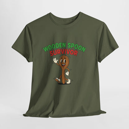 Wooden Spoon Survivor Tee - Fun Unisex Heavy Cotton Shirt for Home Chefs