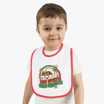 Cute Baby Bib - "Less Upsetti, More Spaghetti" Contrast Trim Jersey